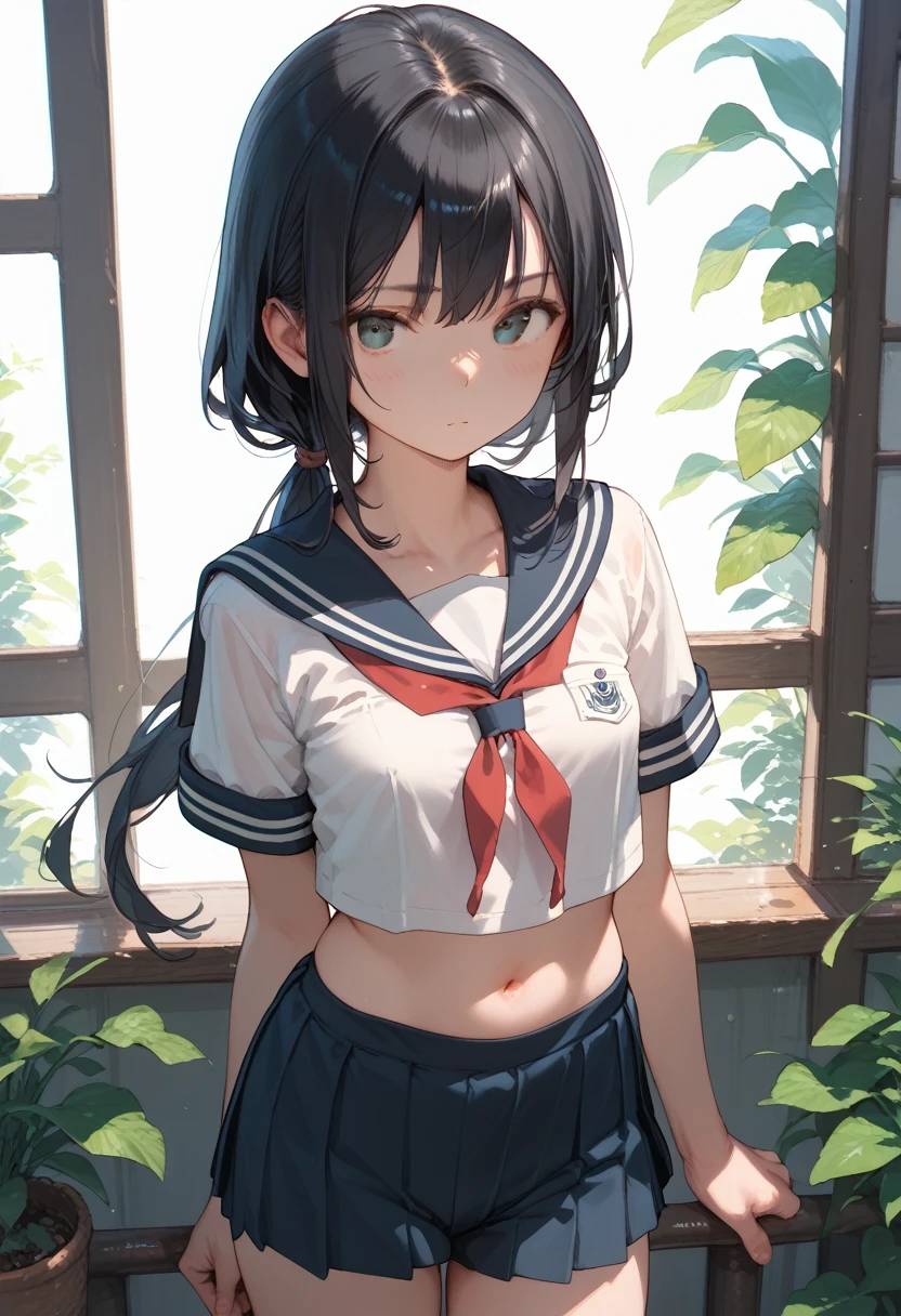 Long Hair,Low Ponytail,Black Hair,Small breasts,Sailor suit