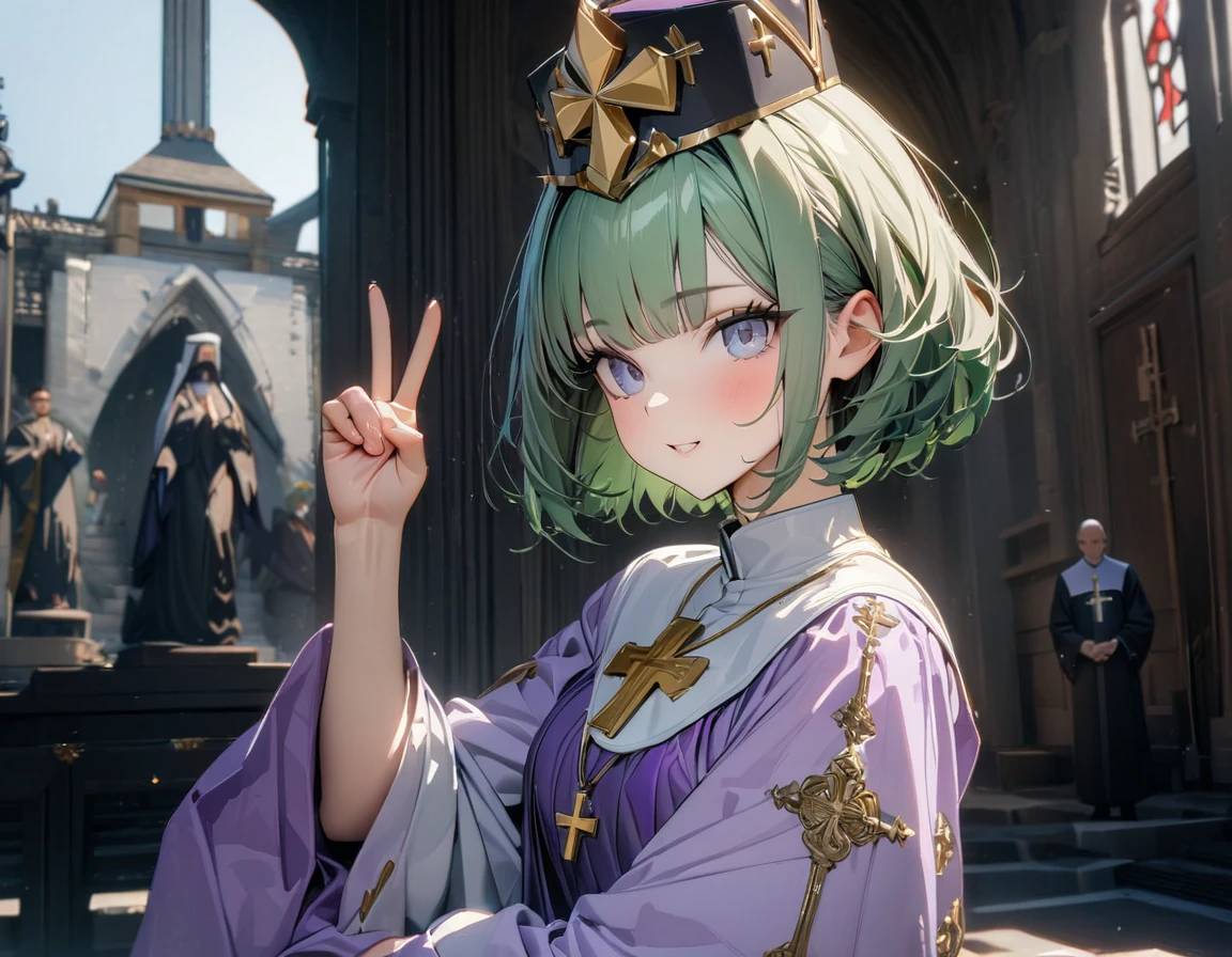 (((Best quality, 8k, Masterpiece: 1.3)), ((best quality)), ((masterpiece)), (detailed), perfect face, high detailed fingers, green hair, short hair, tokin hat, tiara, Saint Lucia, Priest, Both hands making a V sign, Lavender robes embroidered with gold thread, Big cross necklace, gold cross, Clerical clothing