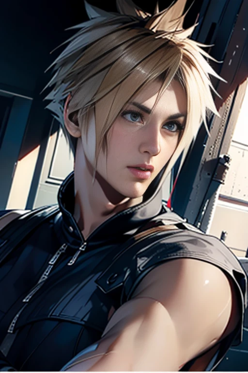 (Highly detailed CG), ( best quality ), (Highly detailed CG), ( best quality ), (Cloud Strife), (Overall view) Huagai ,SWAT Clothing,  beauties, 18 years old,  Lean and muscular,  with a cool and handsome face, Sharp Eyes