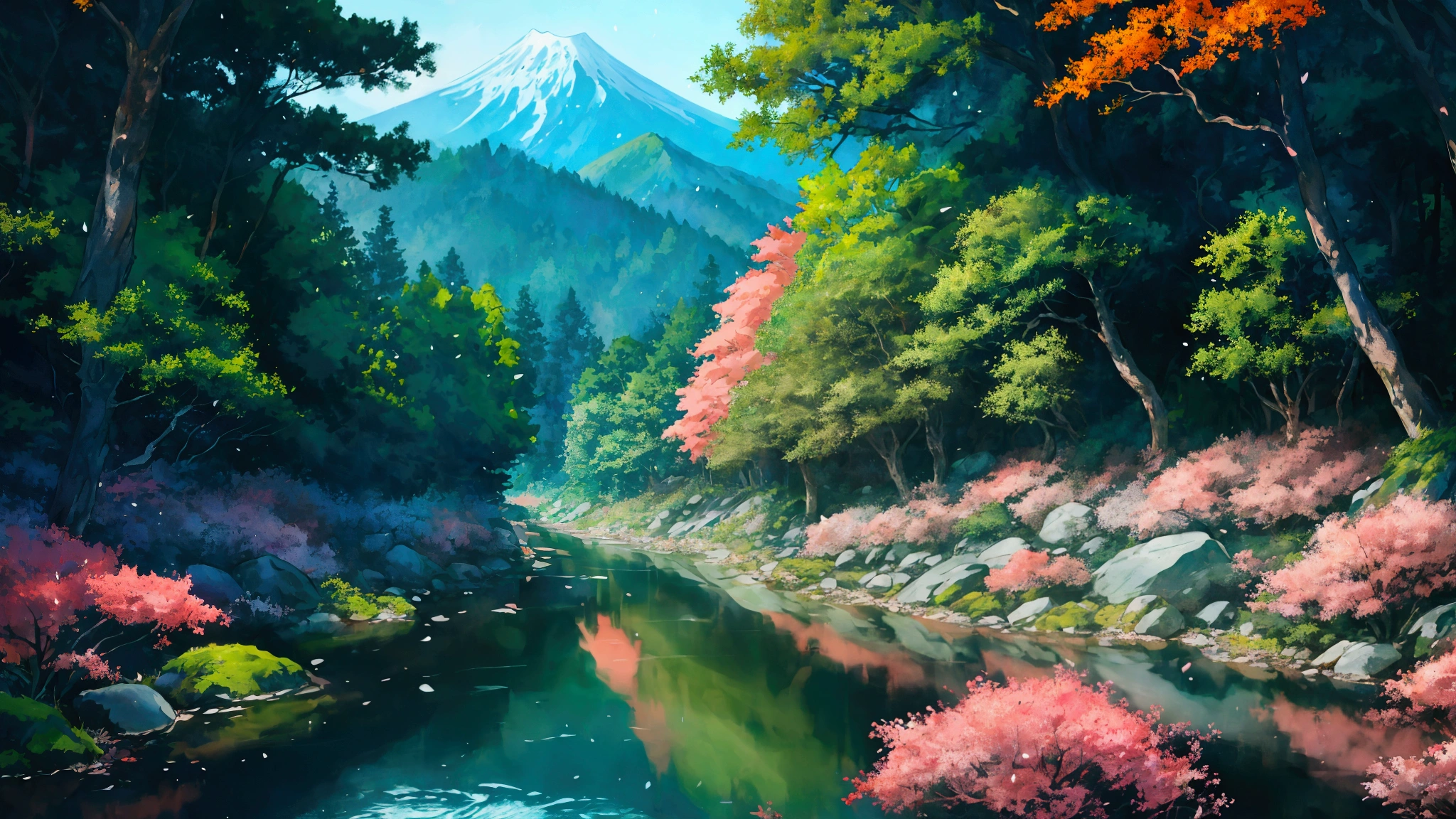 Glowing Forest Cozy Day Sparkling ,in the Morning , Lofi anime style , landscape , natural , Small, beautiful, glowing flowers, mountain, Japan ,river