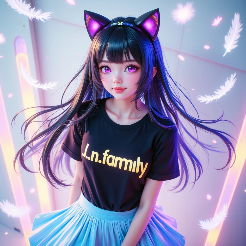  Masterpieces, 1 girl, Shiny black long hair,  black cat ear headband ,  happy , Black T-shirt,  Light Blue Skirt Style Pleated Skirt, stand, Dynamic, " l _ n _ family " On the shirt, , background, wall, White feathers fall like rain , High angle image seen from the side ,  high-definition vivid images,  intricate details, dimensions, 3D rendering, realistic, colourful outfit,  over the truth 