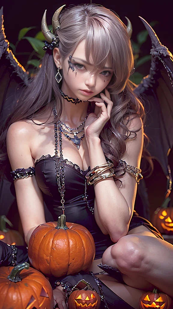 ( photorealistic :1.9, Dark fantasy:1.9, Best Quality, masterpiece,  super high resolution ),  perfect dynamic composition:1.3,  Very Detailed Image and Image :1.3, Very accurate,  very detailed , (( Halloween :1.3,  trick or treat:1.3,  lots of pumpkins :1.3)),  Dark Demon World :1.3, ( Wear Elegant jewelry :1.3,  Wear Elegant jewelry :1.3), (Satanic, Sexy tall succubus devil with big wings:1.5,  Wear countless chains entangled in clothes :1.3, beautiful、Midea:1.3), Horn,  white skin,  slave, (( Wear Elegant jewelry :1.3)), ( Big Eyes That Exude Eroticism :0.6,  please open your mouth a little, lipstick, FEEL BEAUTIFUL EROTISM:0.9, Too sexy:0.9, Too beautiful:0.9), (Bloody:1.3, Covered in scars:1.3,  Have countless chains entangled in clothes :1.3, Chain your right arm:1.3, Chain the left arm:1.3,  Properly put on clothing :1.3,  Incredibly slim body :1.3), Super long curly hair,  earrings with cups, necklace,  bracelet, Sensual posture, romantic, Mysterious,  Elegant, The object of admiration, original, dramatic, Artistic, Innovative, charm, Heartful, Gorgeous, sense of exaltation, Feelings of despair, sense of openness, sense of cleanliness , Special,  exciting , grotesque, Extreme, sense of loss, sorrow, Expressions of sorrow, ((Devil&#39;s Charm, Feminine charm))