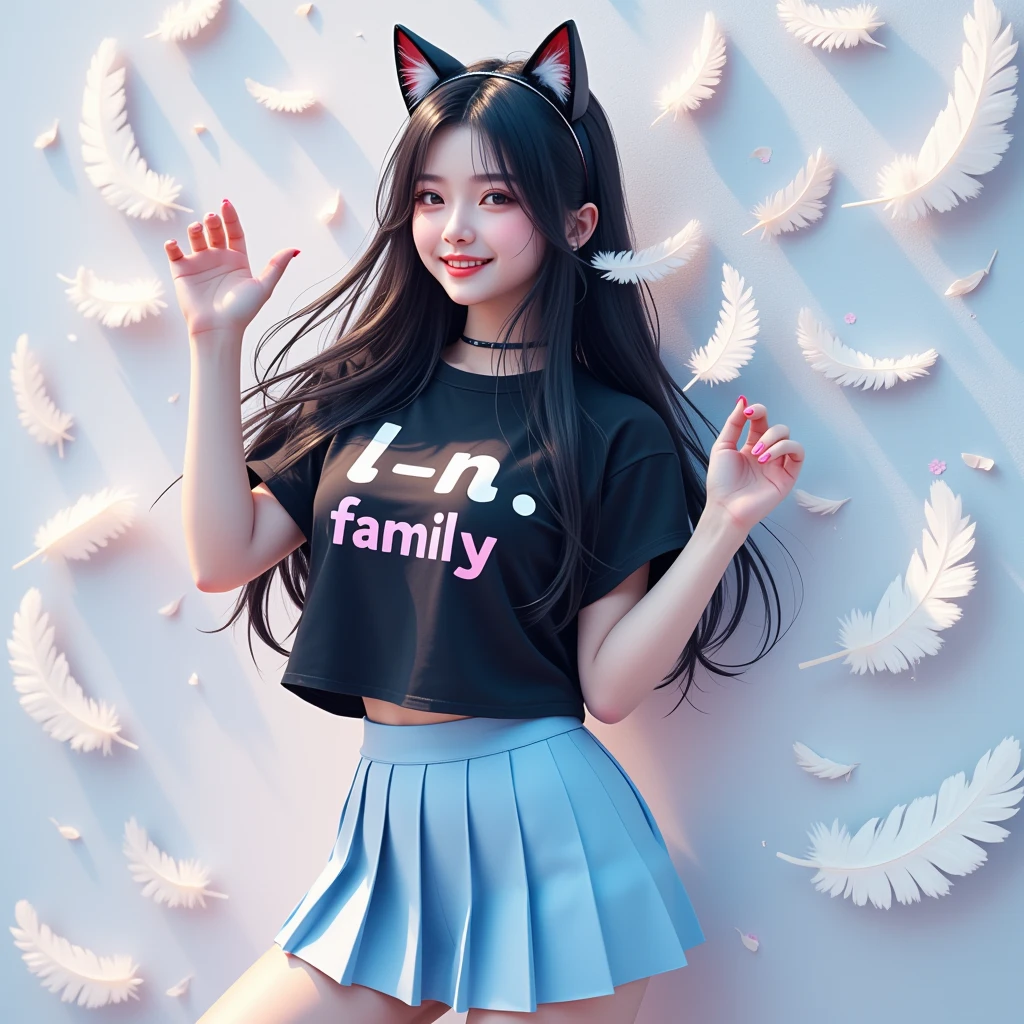  Masterpieces, beautiful, 1 woman, Shiny black long hair,  black cat ear headband ,  happy , Black T-shirt,  Light Blue Skirt Style Pleated Skirt, stand, Dynamic, " l _ n _ family " On the shirt, , background, wall, White feathers fall like rain , High angle image seen from the side ,  high-definition vivid images,  intricate details, dimensions, 3D rendering, realistic, colourful outfit,  over the truth 