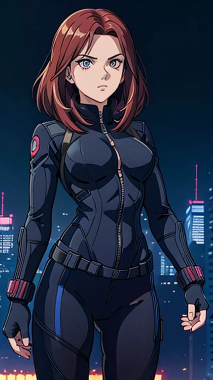 (1girl, blackwidow, www.ownwaifu.com), (extremely detailed CG unit 8k wallpaper),(master part), (best quality), (ultra detail), (best illustration),(1980s_style), cowboy shot, (Sharp eyeliner, ombre, detailed eyes:1), midnight, neon light city background, ,break , (city-scene-aso), bodysuit, fingerless gloves
