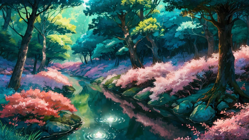 Glowing Forest Cozy Day Sparkling ,in the Morning , Lofi anime style , landscape , natural , Small, beautiful, glowing flowers, Japan ,river, forest glowing