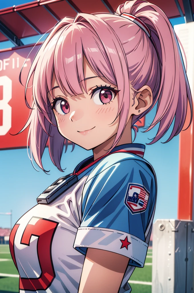 (masterpiece, ultra-detailed, best quality, clear focus, dramatic scene, cinematic), shadow, (ultra-high resolution, 8k), perfect anatomy, perfect face, (detailed face, detailed eye), cute Japanese girl, famous Japanese idol, very beautiful and cute and cool face, dynamic pose, dynamic angle, (she is an American football player, she is a member of a famous team:1.3), (wearing an American football uniform:1.3), playing an American football at football field, large breasts, dynamic angle, pink hair, smile