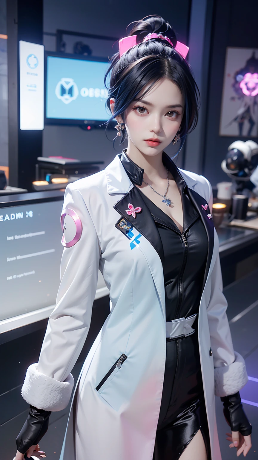 Short white hair, blush, Awkward Long Hair ,High Ponytail, Ponytail ,  blue hair , head-mounted display ,Goggles, earphone, antenna,helmet,
Headdress,Hairpin,Jewelry,necklace,earrings,白色Gloves,armor, Science fiction,coat,d.and \(Overwatch\),Luminescence, Light, pink tights ,Gloves,armor,  Official Alternative Outfit,，sex 