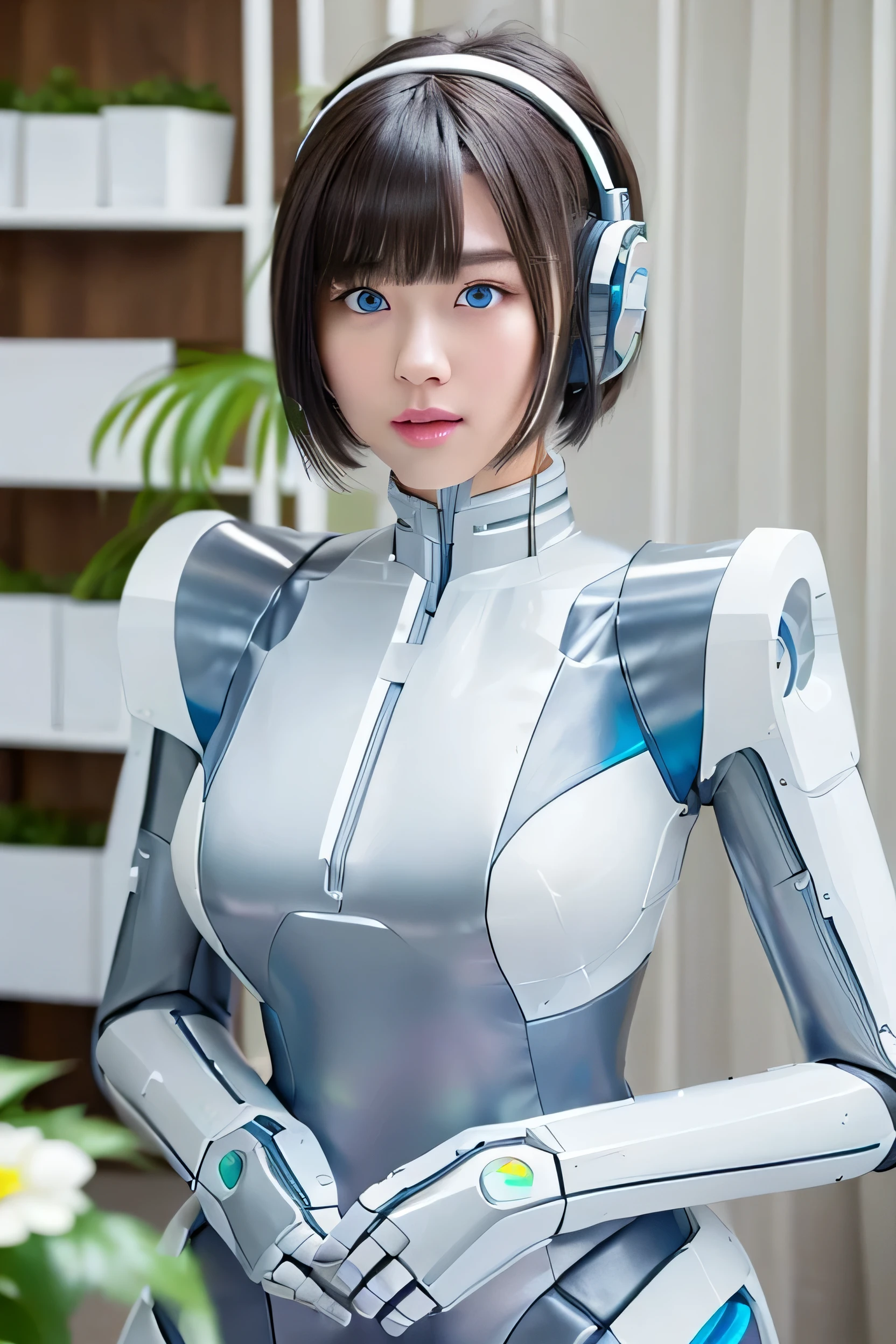 masterpiece, best quality, extremely detailed, Japanese android girl,Plump,chubby,control panels,robot arms,robot,android,cyborg,white robot body,ceramic body,perfect robot girl,blunt bangs,robot repair plant,chubby,blue eyes,