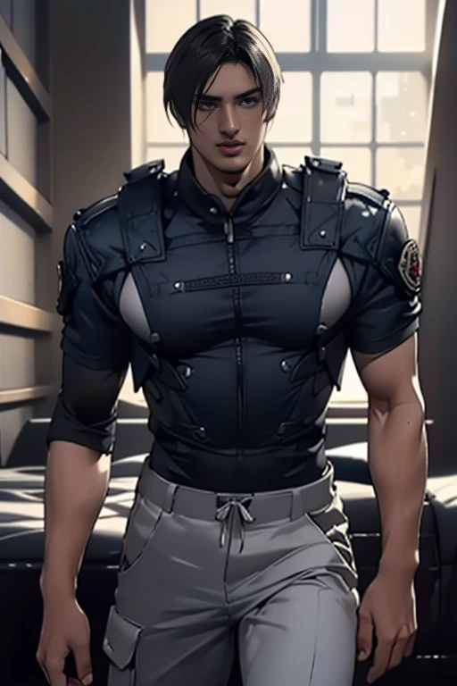 (Highly detailed CG), ( best quality ), (Highly detailed CG), ( best quality ), (Leon S. Kennedy), (Overall view) Huagai ,SWAT Clothing,  beauties, 18 years old,  Lean and muscular,  with a cool and handsome face, Sharp Eyes