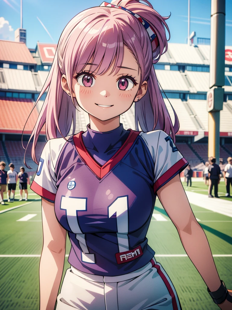 (masterpiece, ultra-detailed, best quality, clear focus, dramatic scene, cinematic), shadow, (ultra-high resolution, 8k), perfect anatomy, perfect face, (detailed face, detailed eye), cute Japanese girl, famous Japanese idol, very beautiful and cute and cool face, dynamic pose, dynamic angle, (she is an American football player, she is a member of a famous team:1.3), (wearing an American football uniform:1.3), playing an American football at football field, large breasts, dynamic angle, pink hair, smile, full body,