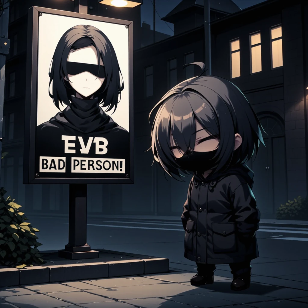 A poster on a street corner reads, "I'm not a bad person." A cute, chibi-sized secret agent character in a black hooded coat blends in with the poster on a suspicious street corner at night and hides himself.