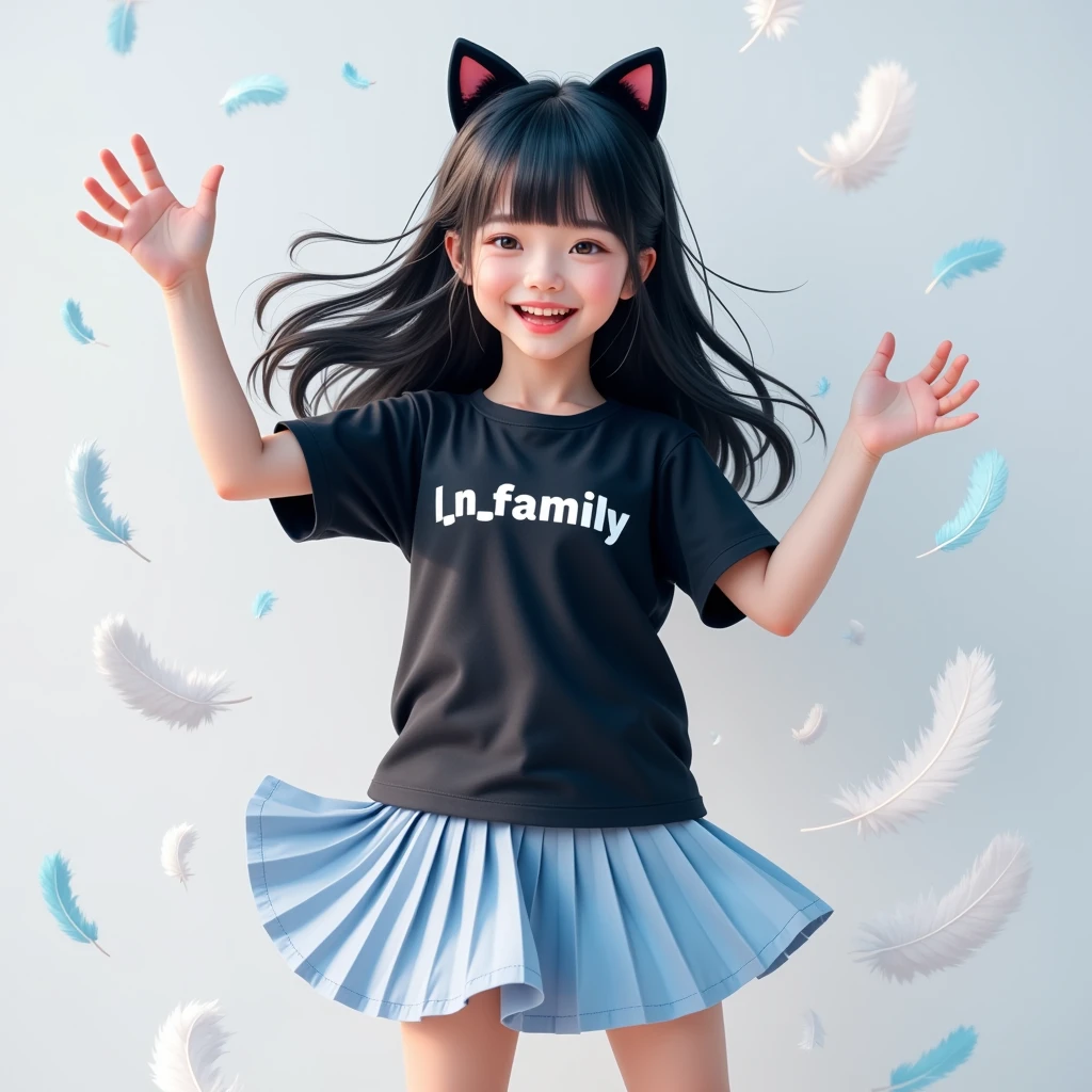  Masterpieces, beautiful, 1 girl, Shiny black long hair,  black cat ear headband ,  happy , Black T-shirt,  Light Blue Skirt Style Pleated Skirt, stand, Dynamic, " l _ n _ family " On the shirt, , background, wall, White feathers fall like rain , High angle image seen from the side ,  high-definition vivid images,  intricate details, dimensions, 3D rendering, realistic, colourful outfit,  over the truth 