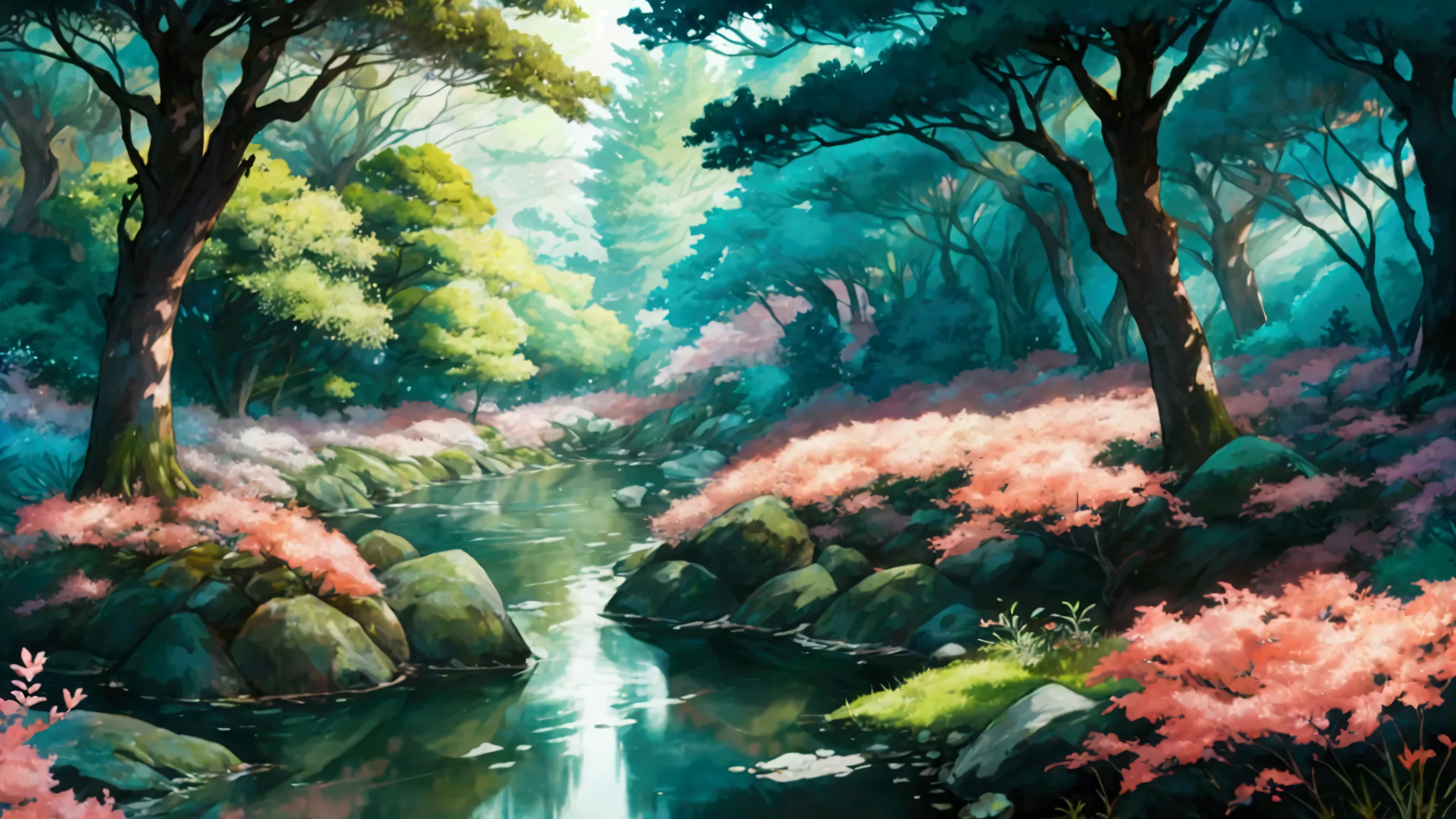 Glowing Forest Cozy Day Sparkling ,in the Morning , Lofi anime style , landscape , natural , Small, beautiful, glowing flowers, Japan ,river, forest glowing