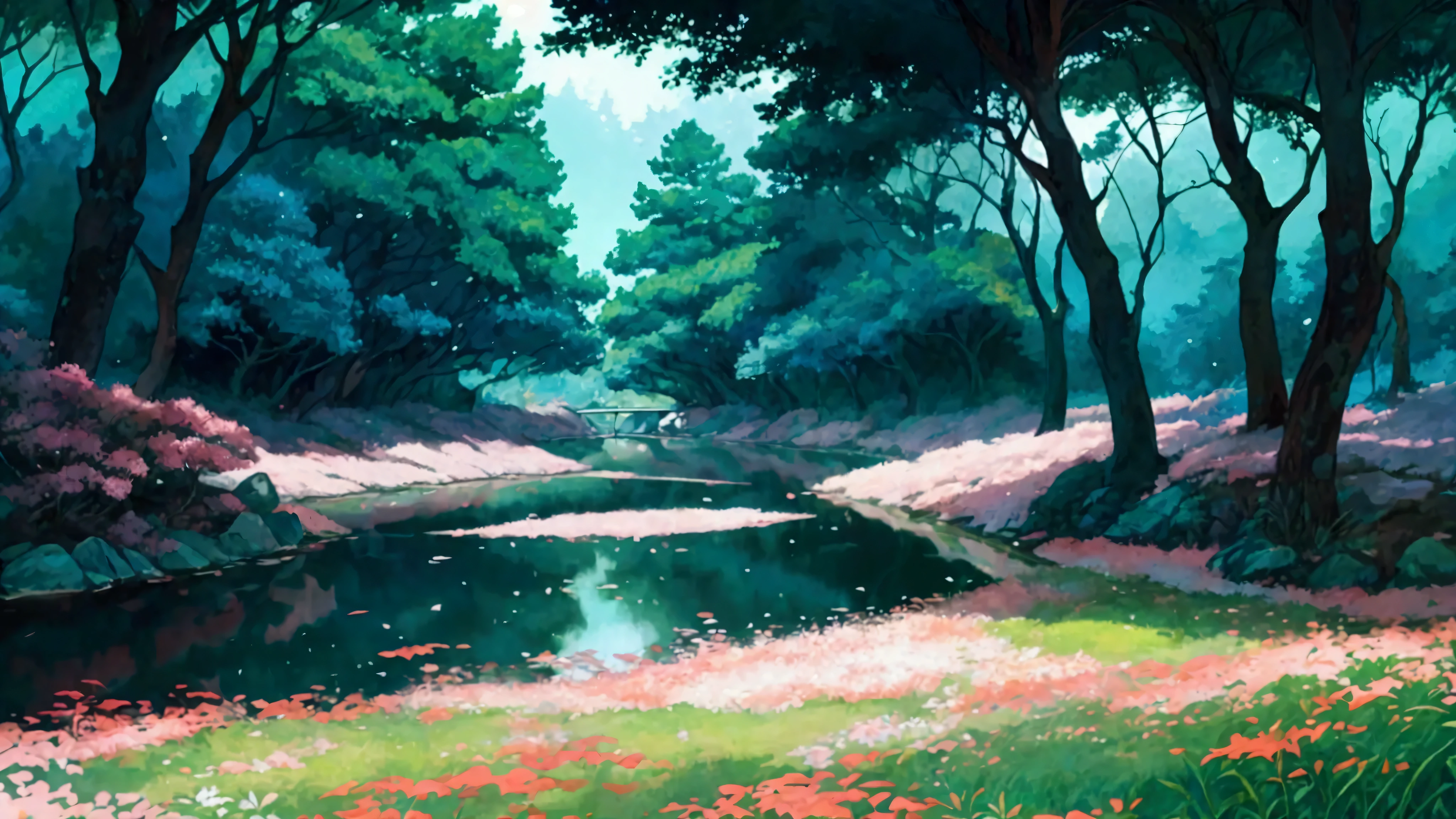 Glowing Forest Cozy Day Sparkling ,in the Morning , Lofi anime style , landscape , natural , Small, beautiful, glowing flowers, Japan ,river, forest glowing