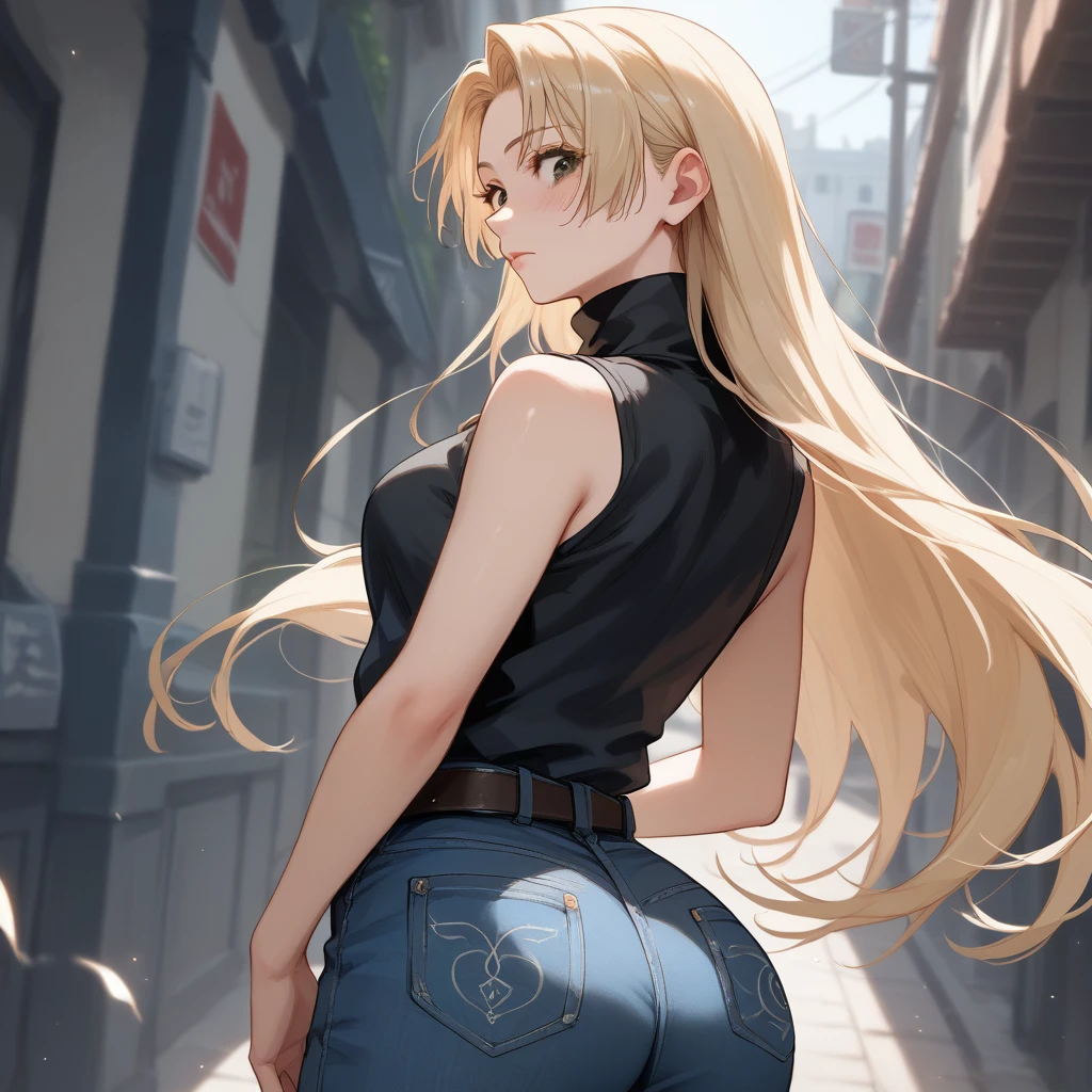 shirt, bare shoulders, sleeveless, belt, pants, black shirt, turtleneck, denim, sleeveless turtleneck,  showing off ass, big ass (blush), 8k masterpiece, (1girl, solo),
Yuki Tsukumo, long hair, blonde hair, ((brown eyes)),