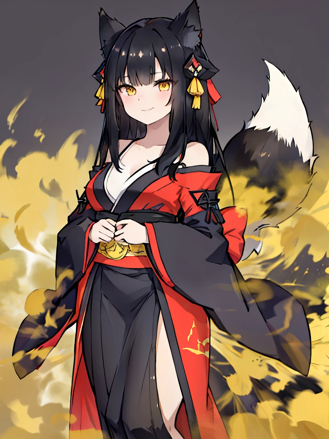 Young girl, long black hair , Fox Ears, Yellow Eyes, fox tail, Open the kimono, Open shoulders, Open chest, smile, masterpiece, high quality
