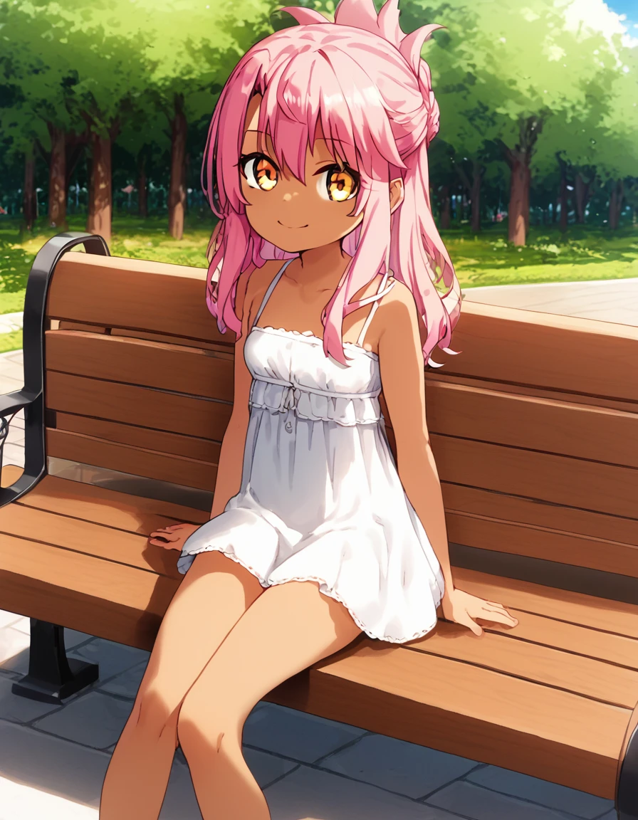 1girl,solo,smile,outdoor,white dress,sitting,bench, chloe,dark_skinned_female,dark_skin,long_hair,pink_hair,yellow_eyes,hair_between_eyes,white_hair,bangs,small_breasts,,half_updo,one_side_up, young girl, loli,