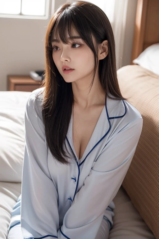 38 years old、 Japanese Women、Inward-curling short bob、Silver Hair、round face、、(her jawline is jutting out1:1.3)、(her jawline is rounded1:1.5)、She has soft cheeks、Fair skin、 My cheeks are plump 、her eyes are slightly long and jutting out、Small mouth、 outer corner of eye 、Thin eyebrows、Bangs are straight、 On my suite hotel bed 、 the morning sun is shining、 My hair is bouncing when I wake up 、 I'm yawning loudly 、Stretched posture 、 I'm facing this way with a sleepy expression、 I'm wearing luxury pajamas 、B Cup、 I'm stretching out 、Upper body close-up、 chubby figure、