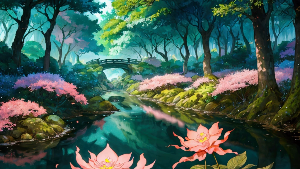 Glowing Forest Cozy Day Sparkling ,in the Morning , Lofi anime style , landscape , natural , Small, beautiful, glowing flowers, Japan ,river, forest glowing