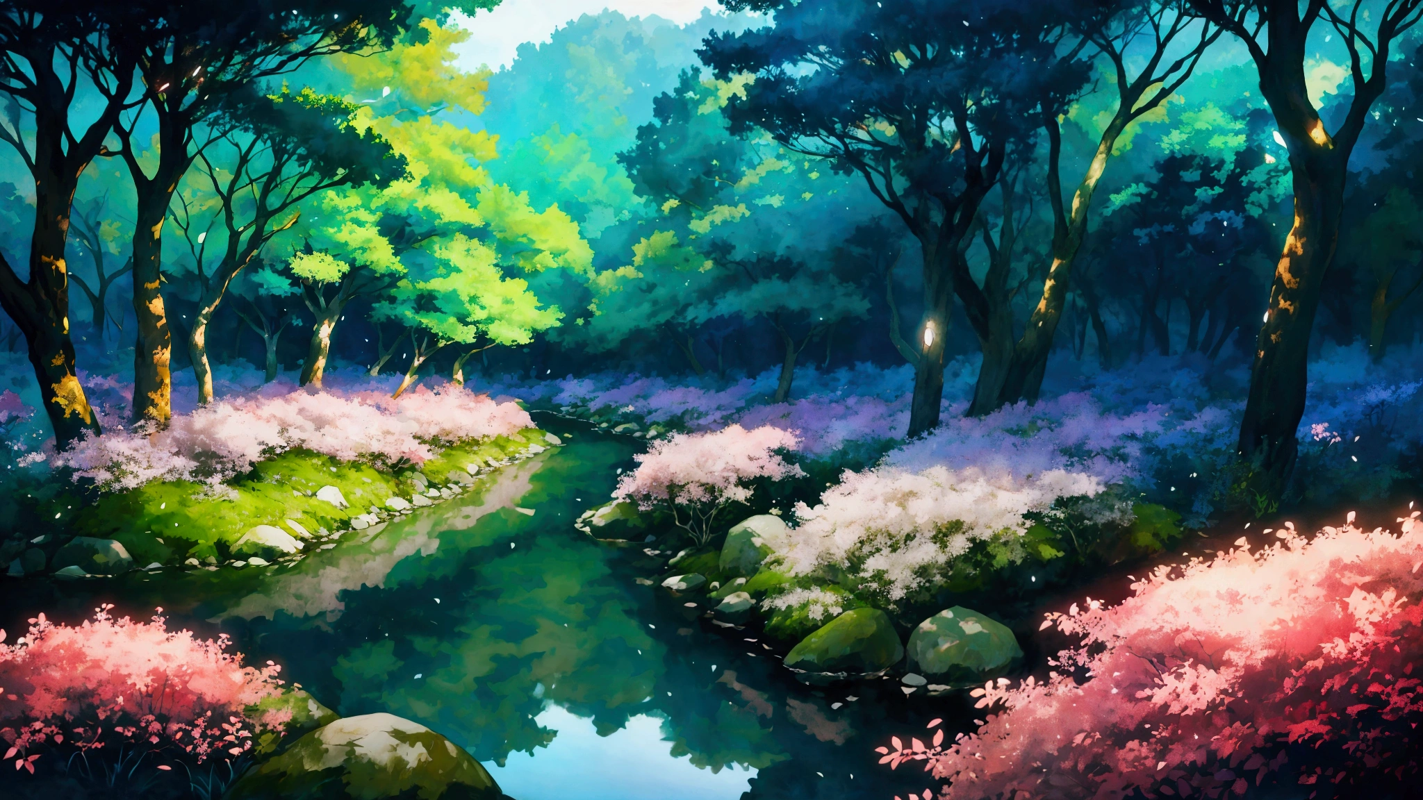 Glowing Forest Cozy Day Sparkling ,in the Morning , Lofi anime style , landscape , natural , Small, beautiful, glowing flowers, Japan ,river, forest glowing