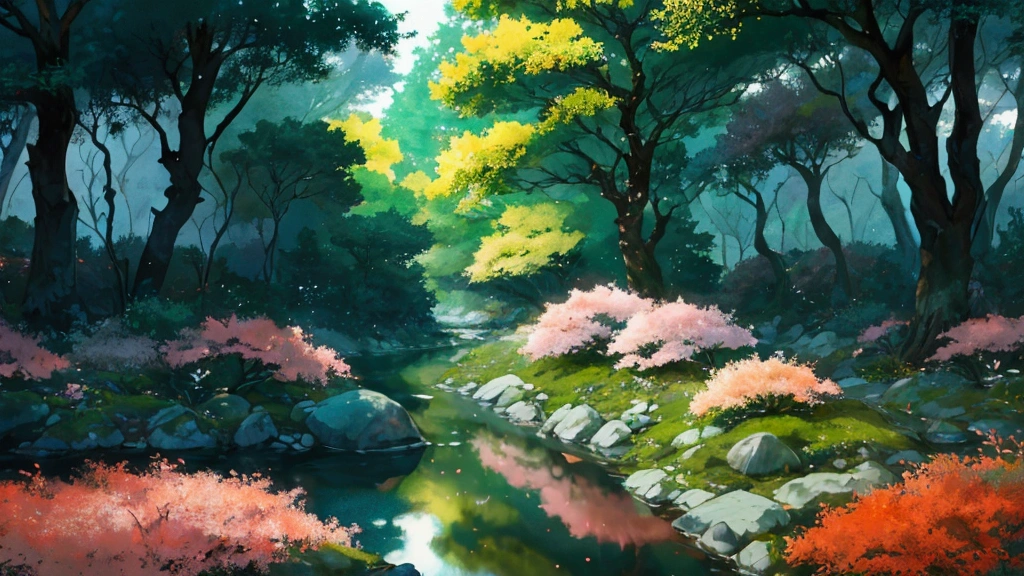 Glowing Forest Cozy Day Sparkling ,in the Morning , Lofi anime style , landscape , natural , Small, beautiful, glowing flowers, Japan ,river, forest glowing