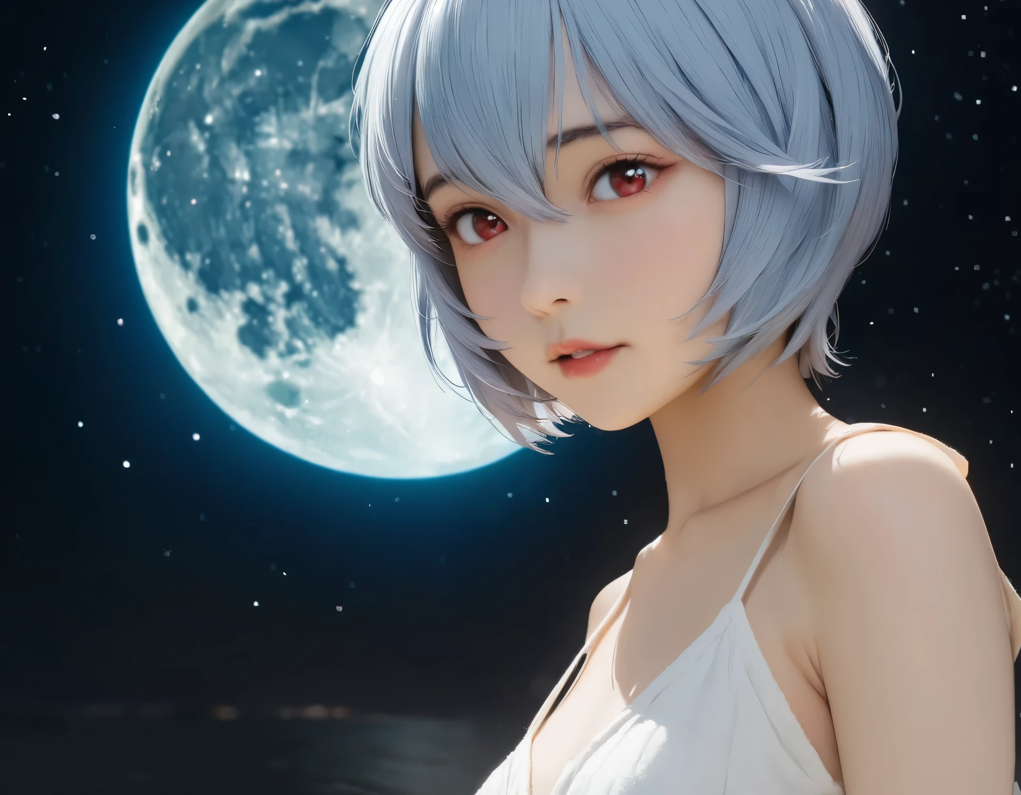 (best quality, 8k, high resolution:1.2), 1girl, ayanami_rei, night sky, moon, upper body