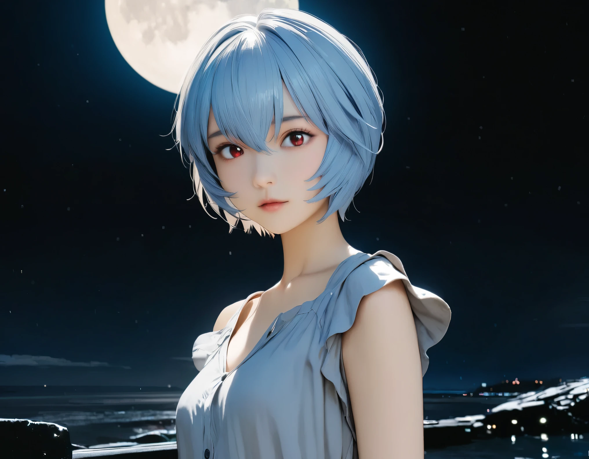 (best quality, 8k, high resolution:1.2), 1girl, ayanami_rei, night sky, moon, upper body