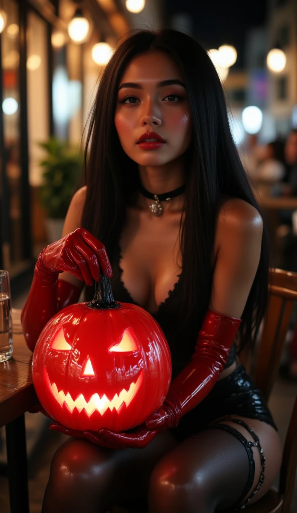 1 girl ultra skinny anorexic russian  , (( Holding a  small Red shiny plastic jack o lantern )), WEARING long red latex gloves, gloves that go up to the shoulders, latex black STOCKINGS, 20 inch red platmorm high heels. she is gracious. Skinny slim anorexic body, She is shy, long black hair, dark red lips, heavy make up, black choker with a ring,  long eyelash, rosy cheeks, pigtail hair, thin eyebrows, sitting an a café stol in a outside café, night time. intricate cafe and street lighting, dramatic lighting,  handschuhe garter, full body picture,