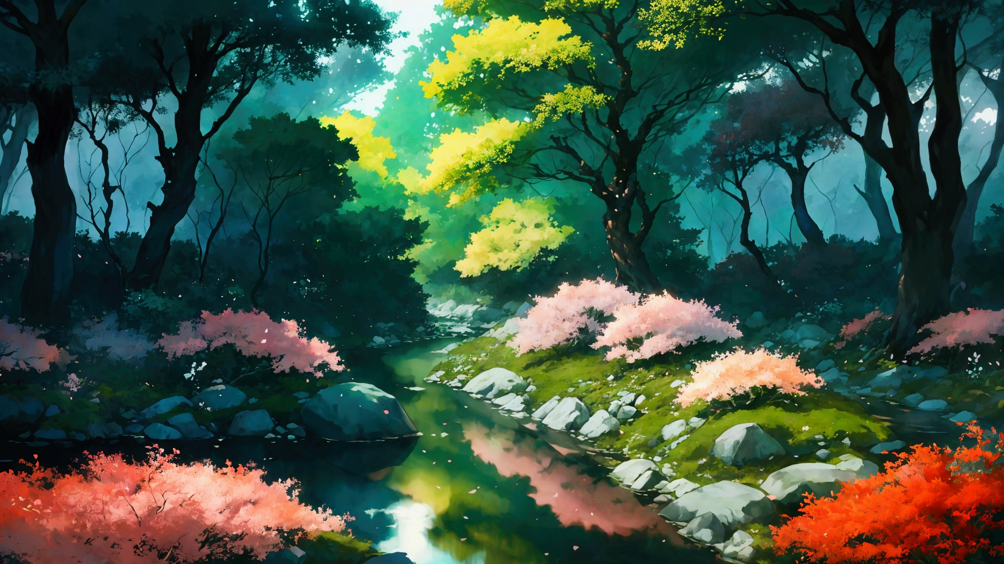 Glowing Forest Cozy Day Sparkling ,in the Morning , Lofi anime style , landscape , natural , Small, beautiful, glowing flowers, Japan ,river, forest glowing