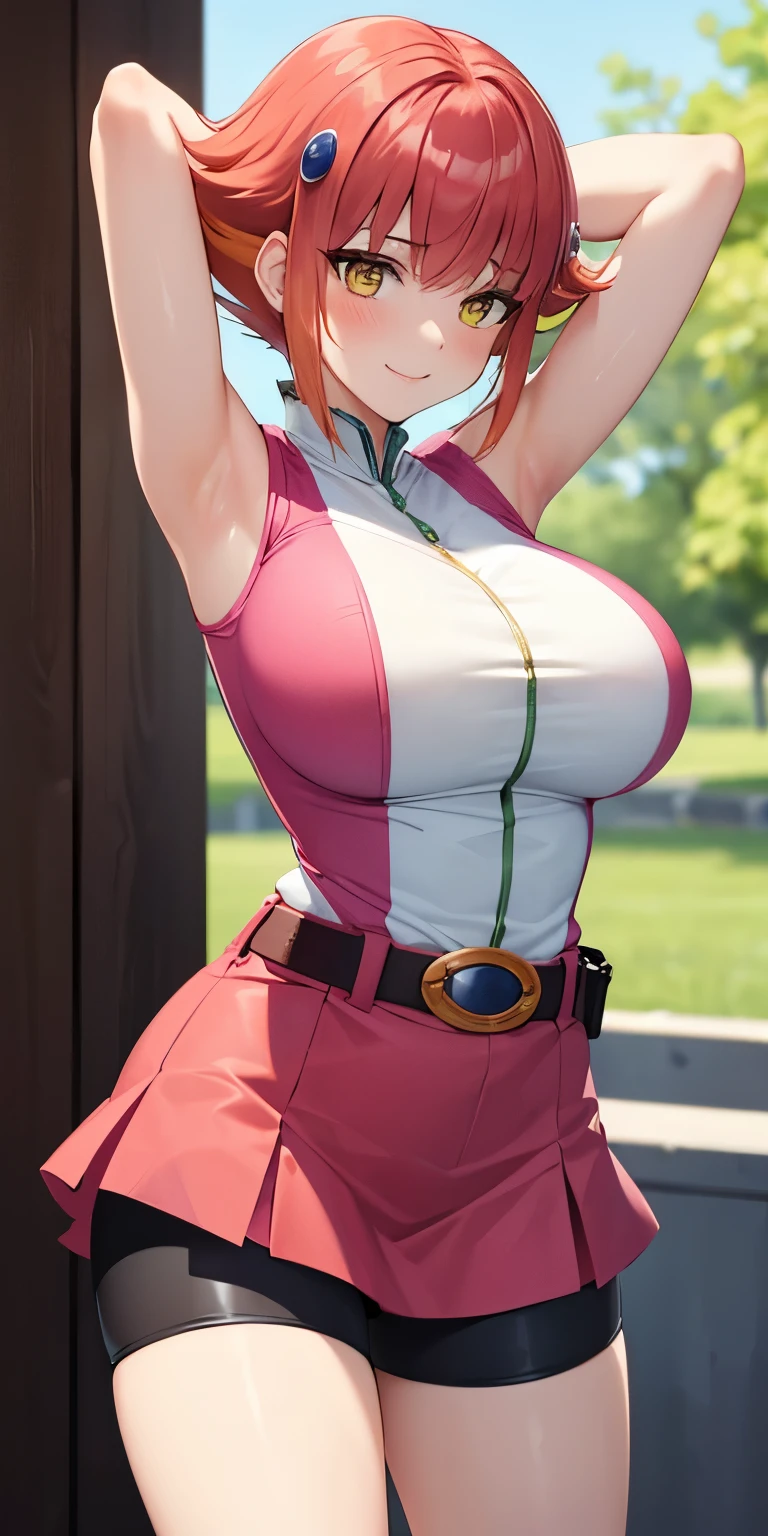 1 Female,High definition,high resolution,Ultra-realistic,8K, Annadef, 1girl, solo, multicolored hair, two-tone hair, hair ornament, yellow eyes, short hair, pink hair, red hair, orange hair,pink skirt ,small breasts, breasts, 
smile, shorts, sleeveless, belt, black shorts, bike shorts, large breasts,European,sexy,Upper body close-up,Photographed from the front,Dynamic Angles,(blush), (arms behind head),(big tits)