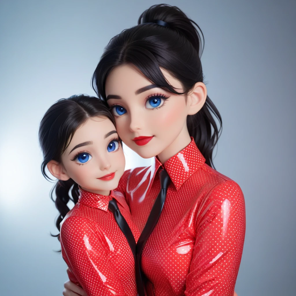 Mother and daughter buttoned in extremely tight shiny polka dot pattern latex blouse, Lens reflection, Reflected light,  black hair , Make-up, smile, high collar, hug, Necktie,Red lips,  blue eyes, Ponytail, 