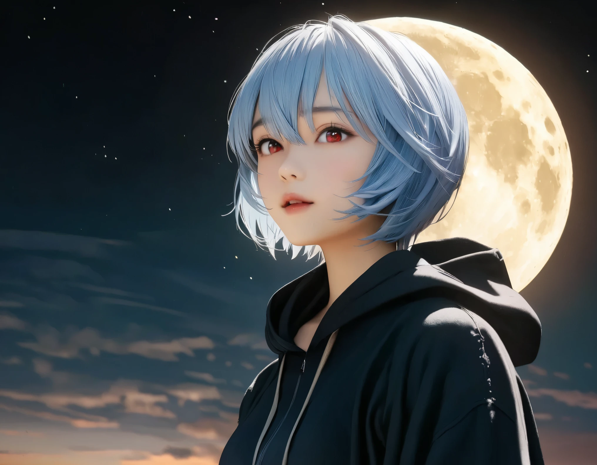 (best quality, 8k, high resolution:1.2), 1girl, ayanami_rei, night sky, moon, upper body