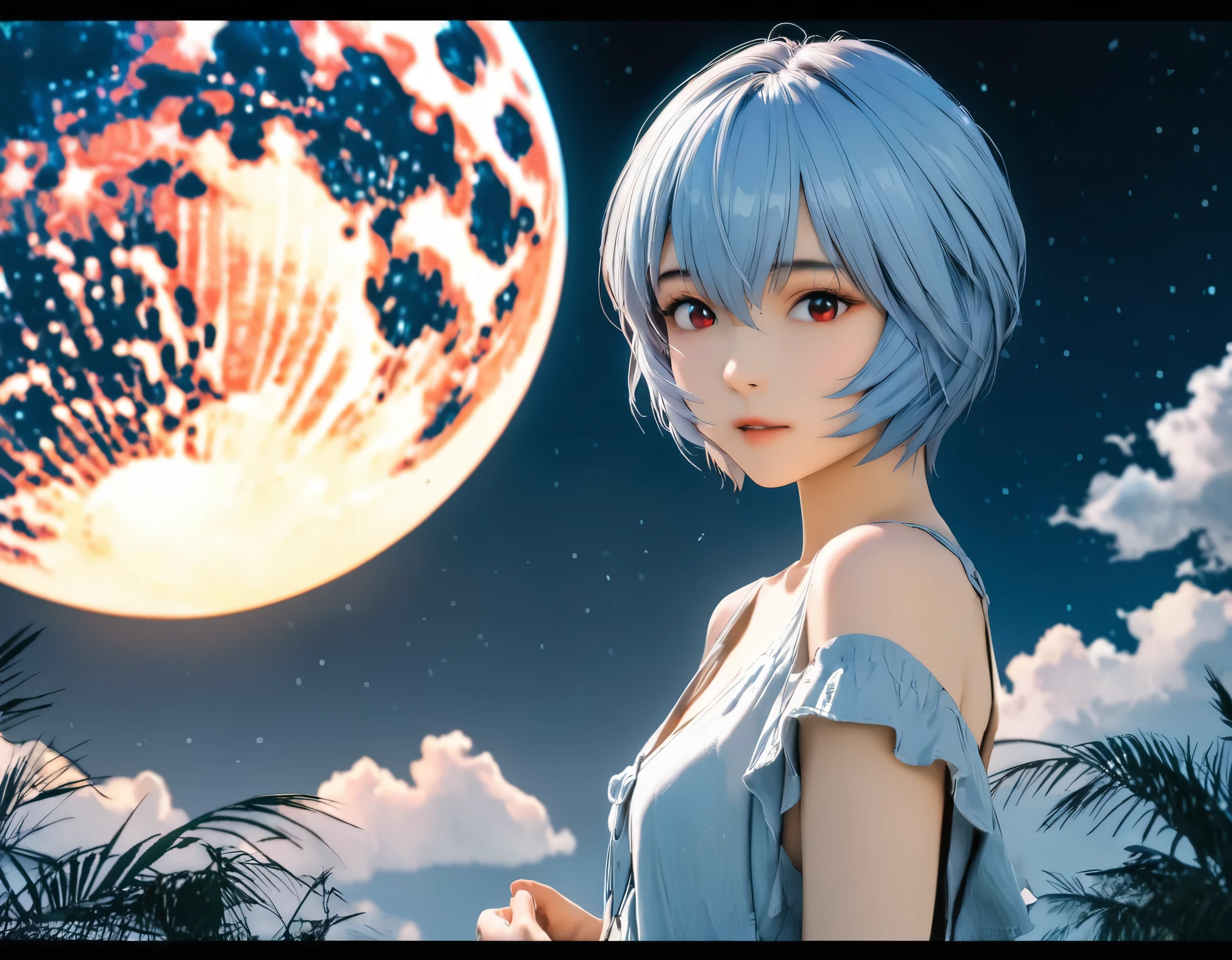 (best quality, 8k, high resolution:1.2), 1girl, ayanami_rei, night sky, moon, upper body