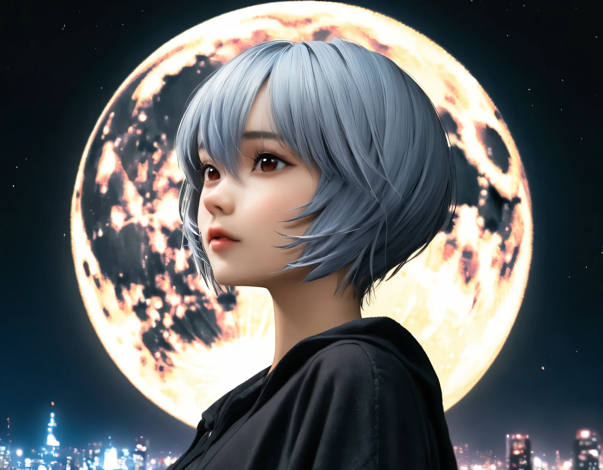 (best quality, 8k, high resolution:1.2), 1girl, ayanami_rei, night sky, moon, upper body