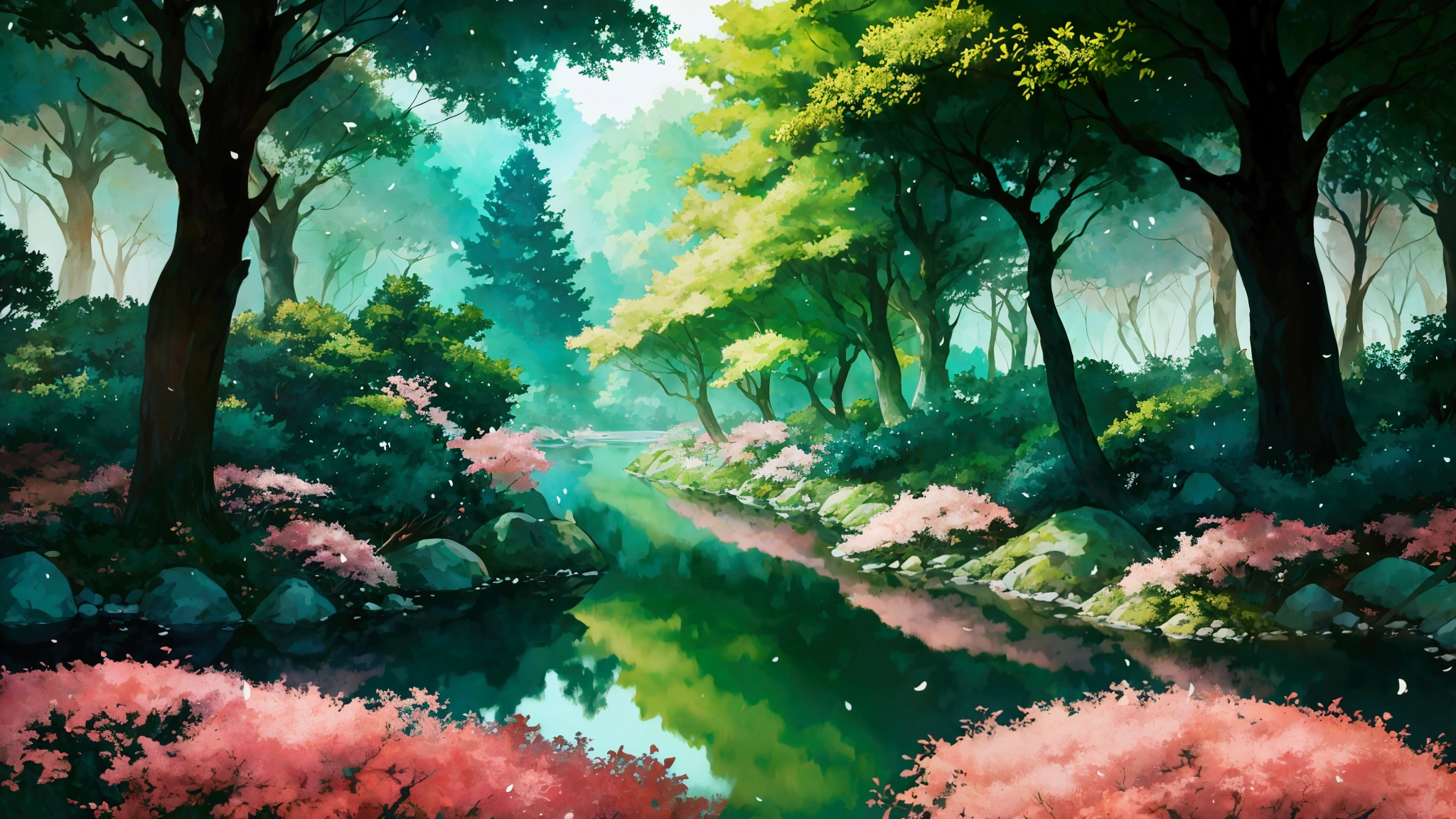 Glowing Forest Cozy Day Sparkling ,in the Morning , Lofi anime style , landscape , natural , Small, beautiful, glowing flowers, Japan ,river, forest glowing