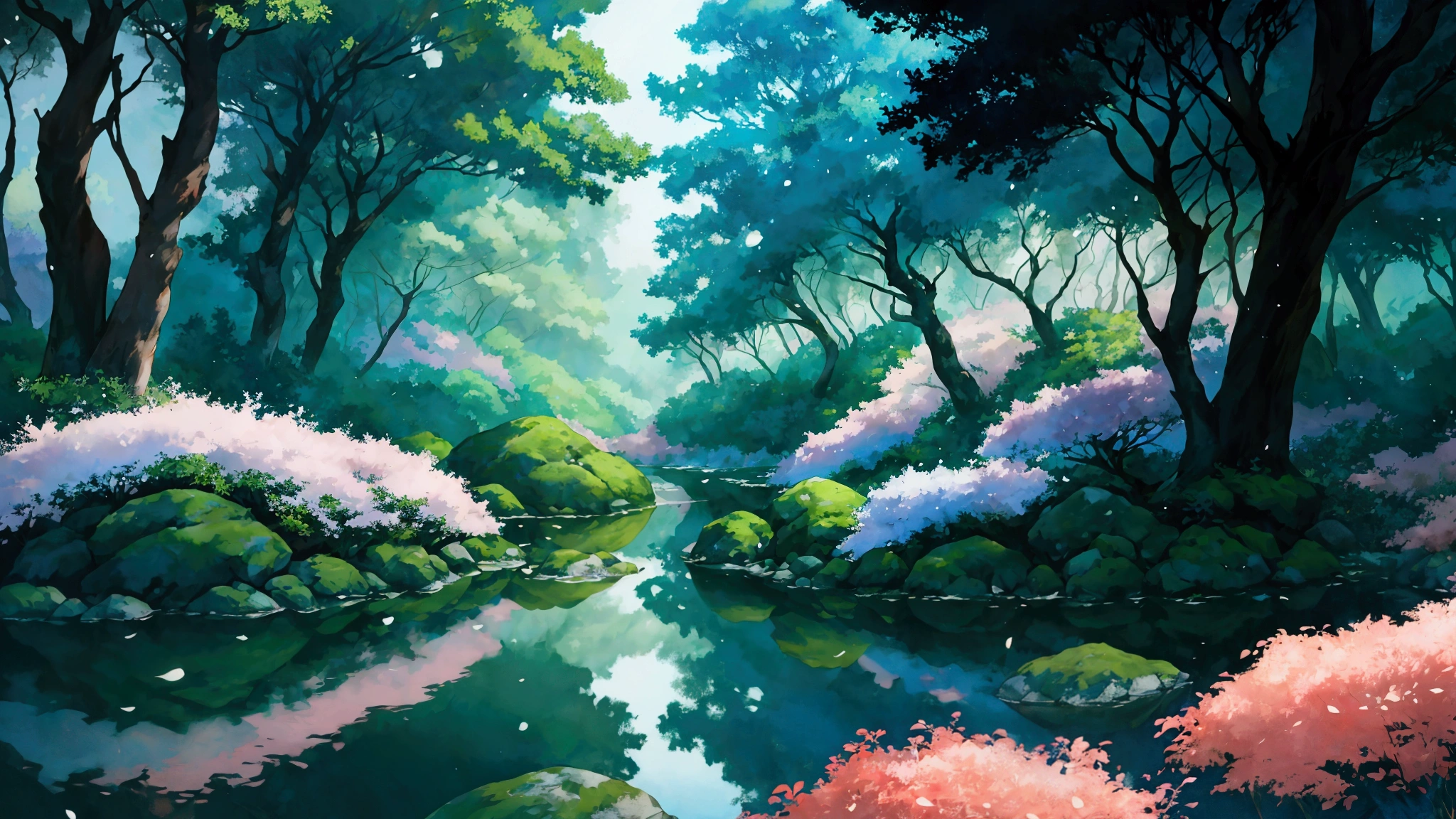 Glowing Forest Cozy Day Sparkling ,in the Morning , Lofi anime style , landscape , natural , Small, beautiful, glowing flowers, Japan ,river, forest glowing