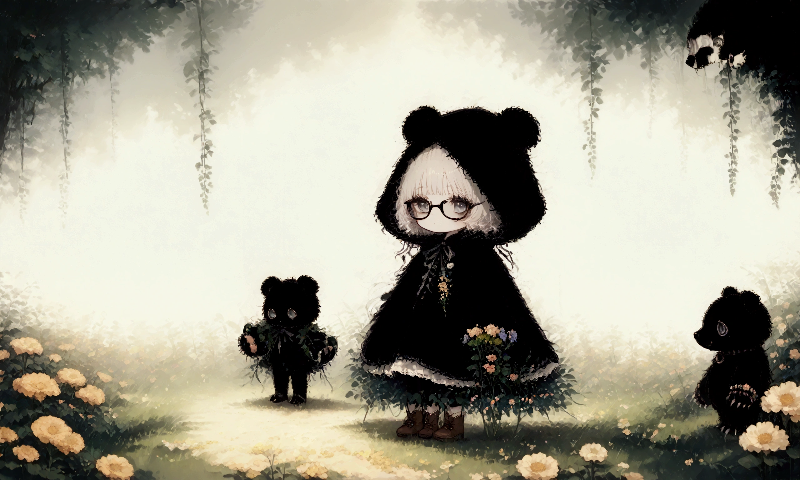 1girl\(cute,chibi, white skin, pale skin,(wearing ((simple)) black hood:1.4),(black robe\(hood,White embroidery in the shape of a flower\):1.3), ((white frilly dress inside)), (wearing black glasses:1.4), (((gray eyes))),Brown leather shoes with cute design, white hair, bangs, short hair, (holding teddybear\(brown,fluffy\):1.4),(cute pose:1.3)\).background\(gothic, Various beautiful flowers in geometrical shape\).score_9, score_8_up, score_7_up, score_6_up, score_5_up, score_4_up, source_anime,source_furry,rating_safe,rating_questionable,masterpiece, best quality, perfect anatomy , very aesthetic , absurdres,limited pallet,(dynamic angle)