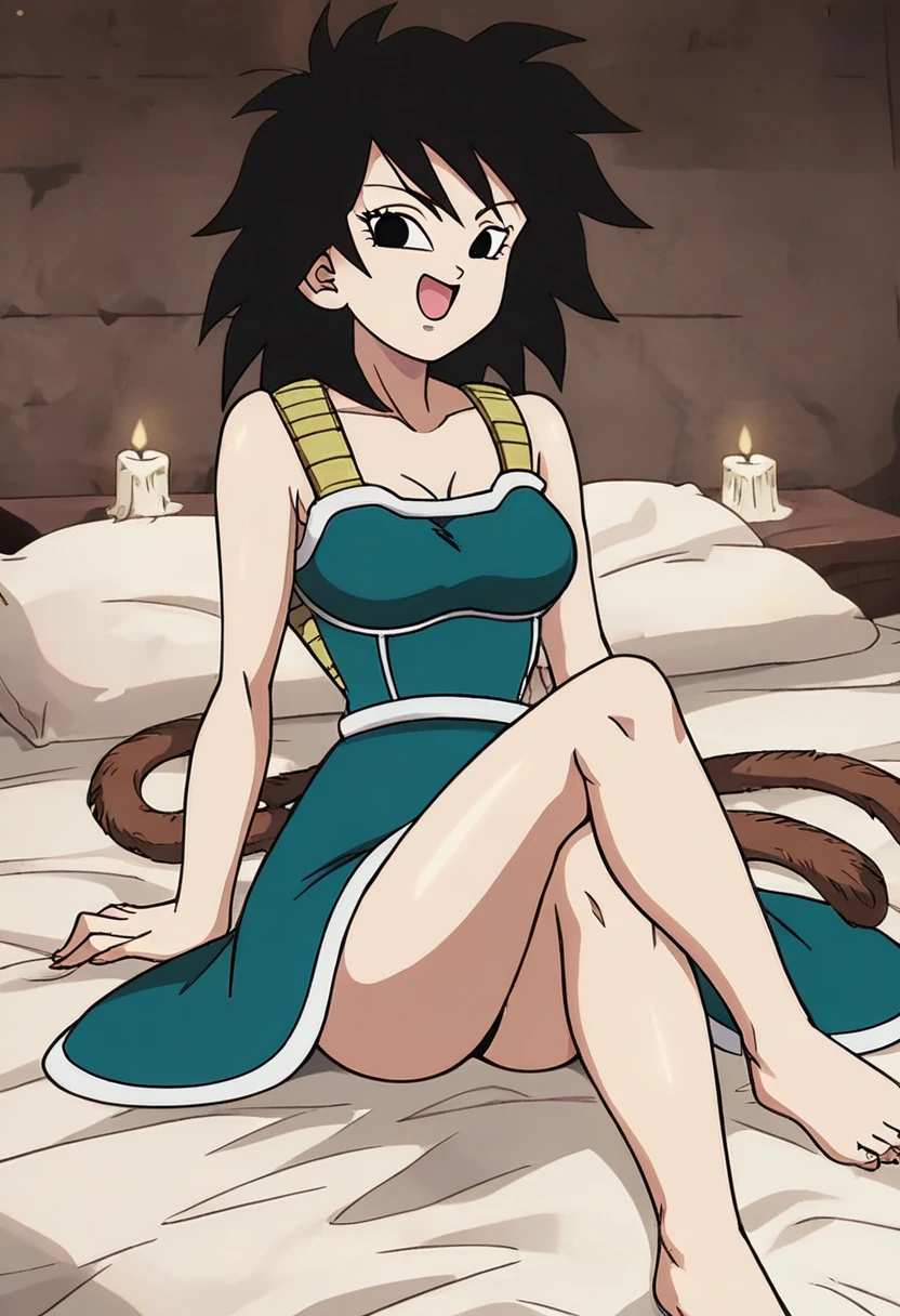 source_anime, score_9,score_8_up, score_7_up, ginedb, anime screencap, 1girl, solo, looking at viewer, smile, medium breasts, black hair, bare shoulders, medium breasts, smile, medium hair, black eyes, spiked hair, eyelashes, masterpiece, best quality, very aesthetic, absurdres, taut dress, spaghetti strap, black dress, sleeveless, sitting on her bed, legs crossed, indoor, bedroom, sexy pose, pinup, candles lights across the bed, sexy legs, seductive face, 
