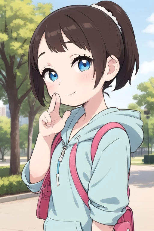  1 GIRL WITH HIM,   ponytail,  upper body,  Take Your Hand to Your Mouth,  staring at the viewer ,  half-closed eyes, light blue satchel,Frill Hoodie , Brown Hair,  blue eyes ,The background is a park