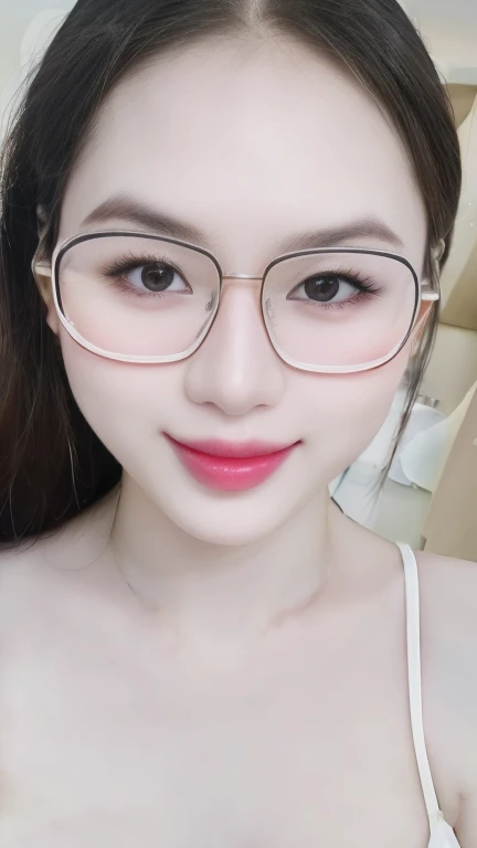 (Realistic、masterpiece、best quality、8K、high resolution、high resolution:1.3)、there are two glasses women with glasses on posing for a picture,、smile, red lips, Gigantic breasts、white bikini、pale white skin、looking at viewers、supene face and eyes、long hair、indoor、 upper body、