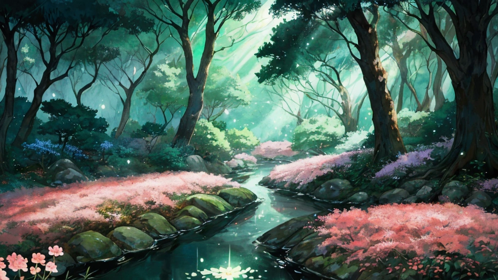 Glowing Forest Cozy Day Sparkling ,in the Morning , Lofi anime style , landscape , natural , Small, beautiful, glowing flowers, Japan ,river, forest glowing