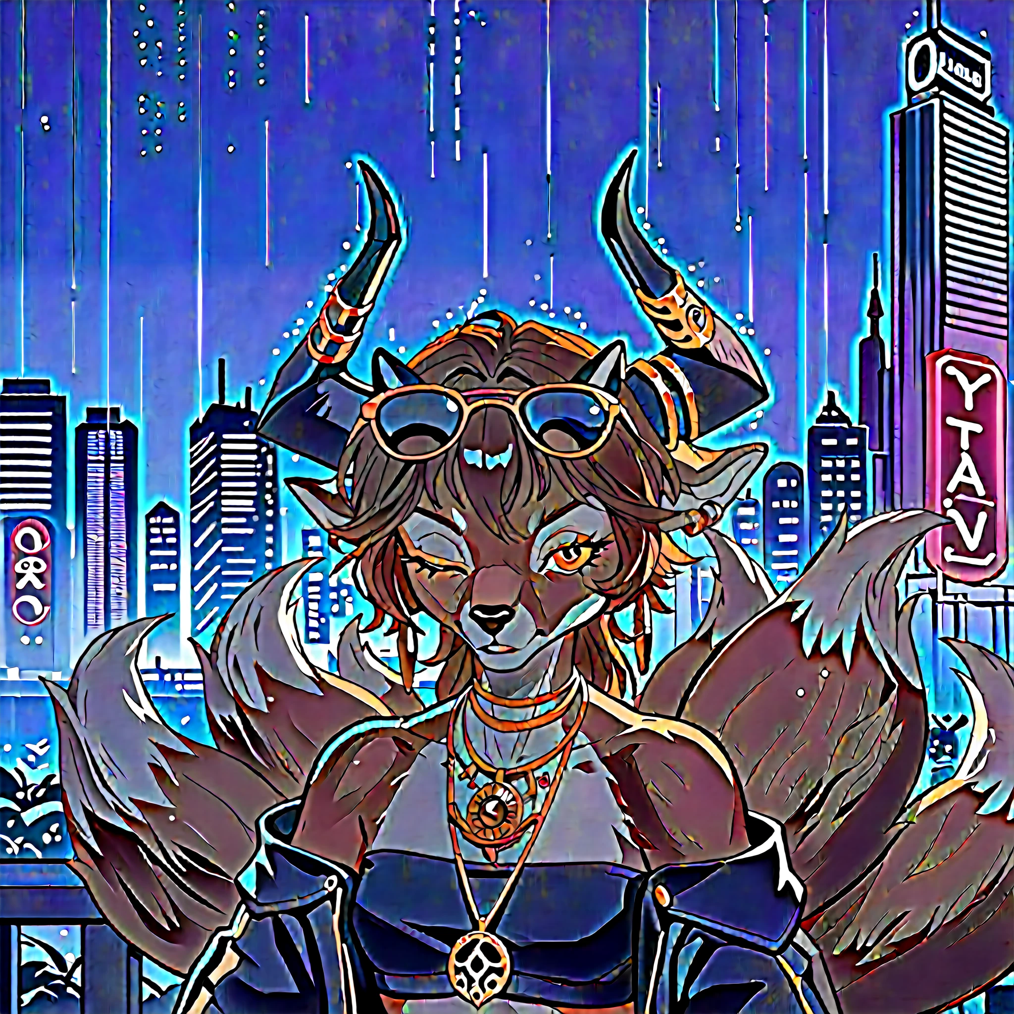(zPDXL2), (PonyXLV6_Scores), source_anime, source_anthro, source_furry, Expressiveh, three-quarter portrait, front view, asymmetric image, BREAK
t4s14, solo, YaeMikoFox, animal, animal focus, earrings, jewelry, headgear, horns, sunglasses, pince-nez, multiple tails, cityscape, night, rain, neon lights