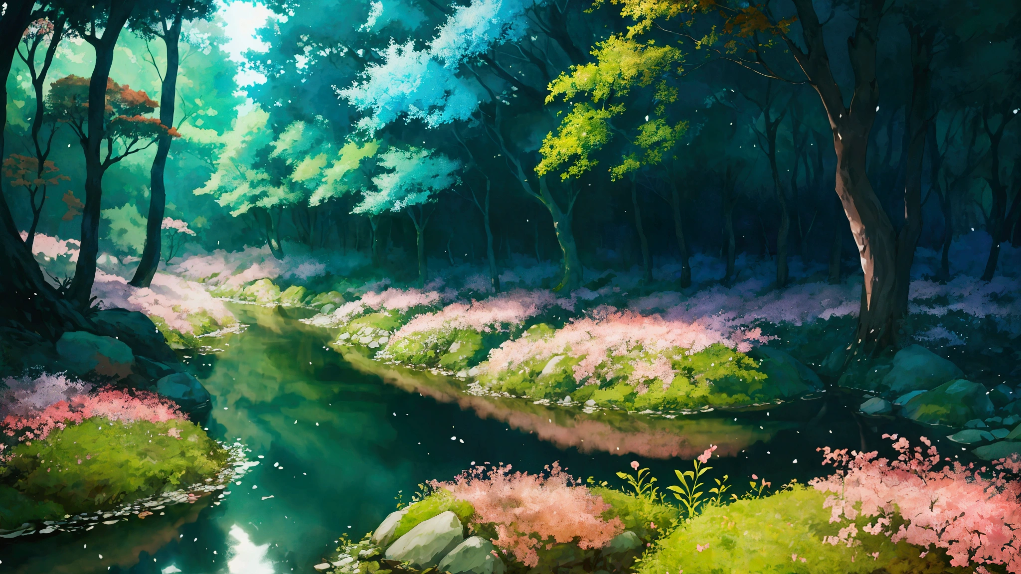 Glowing Forest Cozy Day Sparkling ,in the Morning , Lofi anime style , landscape , natural , Small, beautiful, glowing flowers, Japan ,river, forest glowing