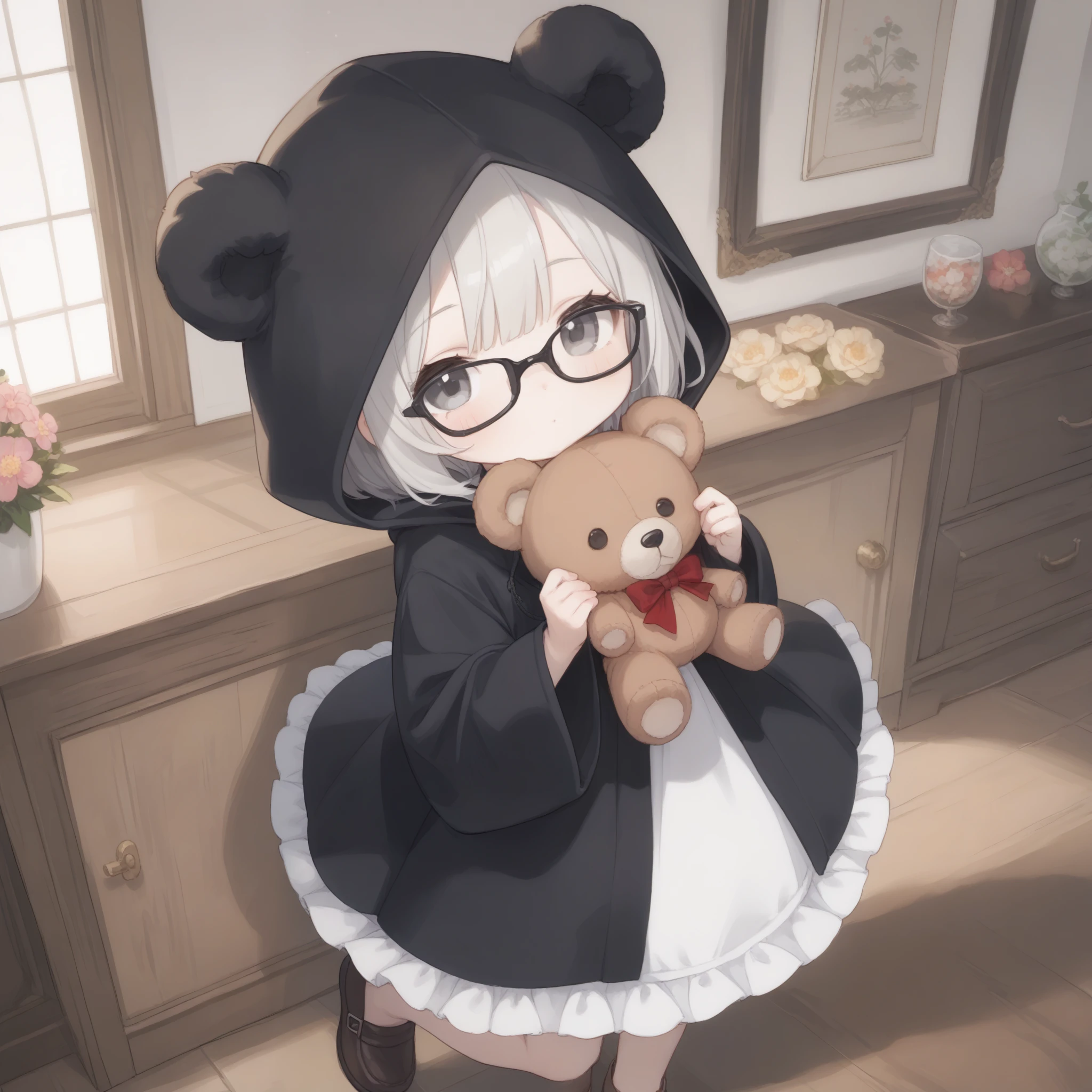 1girl\(cute,chibi, white skin, pale skin,(wearing ((simple)) black hood:1.4),(black robe\(hood,White embroidery in the shape of a flower\):1.3), ((white frilly dress inside)), (wearing black glasses:1.4), (((gray eyes))),Brown leather shoes with cute design, white hair, bangs, short hair, (holding teddybear\(brown,fluffy\):1.4),(cute pose:1.3)\).background\(gothic, Various beautiful flowers in geometrical shape\).score_9, score_8_up, score_7_up, score_6_up, score_5_up, score_4_up, source_anime,source_furry,rating_safe,rating_questionable,masterpiece, best quality, perfect anatomy , very aesthetic , absurdres,limited pallet,(dynamic angle)