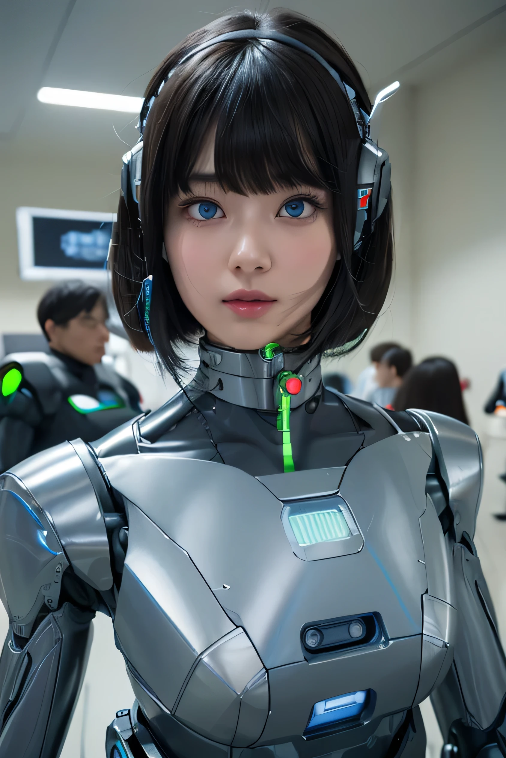 masterpiece, best quality, extremely detailed, Japaese android girl,Plump , control panels,android,Droid,Mechanical Hand, Robot arms and legs, Black Robot Parts,Black hair,Mechanical body,Blunt bangs,White robotics parts,perfect robot girl,future information counter,reception,long tube,thick cable connected her neck,ceramic body ,mechanical body,mechanical costume,android,robot,humanoid,cyborg,information office,japanese android receptionist ,mechanical chest,blue eyes,office-lady