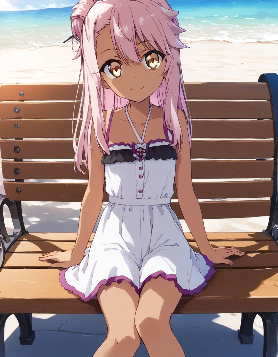 1girl,solo,smile,outdoor,white dress,sitting,bench, chloe,dark_skinned_female,dark_skin,long_hair,pink_hair,yellow_eyes,hair_between_eyes,white_hair,bangs,small_breasts,,half_updo,one_side_up, young girl, ****, takeda hiromitsu,