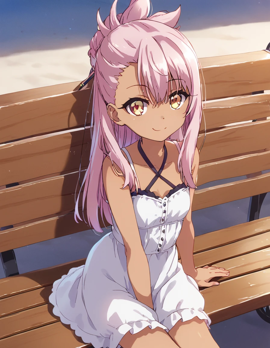 1girl,solo,smile,outdoor,white dress,sitting,bench, chloe,dark_skinned_female,dark_skin,long_hair,pink_hair,yellow_eyes,hair_between_eyes,white_hair,bangs,small_breasts,,half_updo,one_side_up, young girl, ****, takeda hiromitsu,