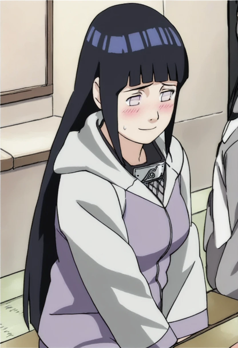 score_9, score_8_up, score_7_up, score_6_up, score_5_up, score_4_up, BREAK, source_anime, hinata_shi,1girl, long hair, medium breasts, long sleeves,hood,black hair, forehead protector, kneeles, in dojo, light smile, shy, blushing, bare legs, front view,