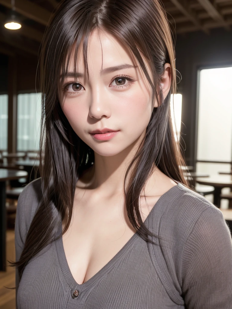 natta, Raw photography, (((Very beautiful portrait))), ((glistning skin)), 1girl in, Sexy 2 girl, Cafe Clerk、((Sauvage's natural brown hair)), Gentle smile staring at the camera, ((​masterpiece, top-quality, ultra-detailliert, ciinematic light, intricate detailes, hight resolution, 8K, ighly detailed)), detailedbackground, 8KUHD, Digital SLR, Soft lighting, hightquality, film grains, FujifilmXT3, Shallow depth of field, natural soft light、face perfect