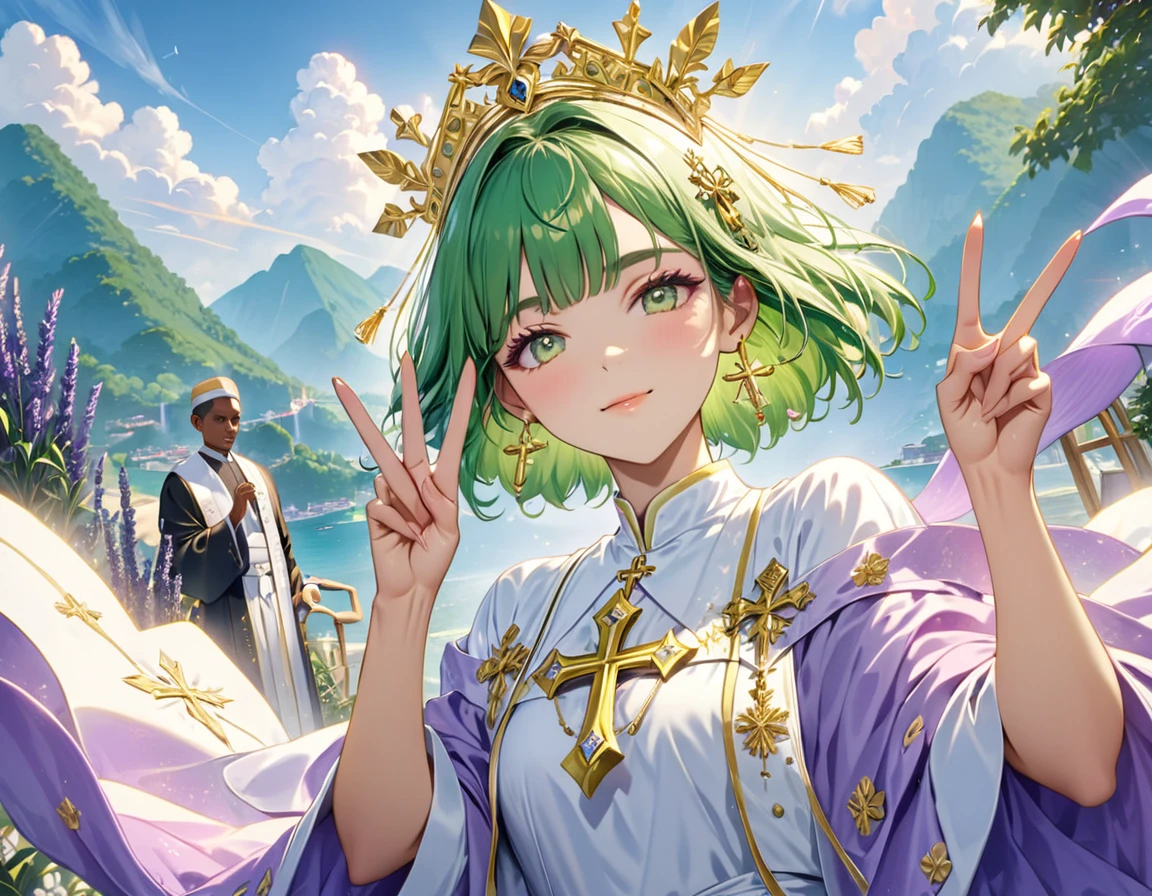 (((Best quality, 8k, Masterpiece: 1.3)), ((best quality)), ((masterpiece)), (detailed), perfect face, high detailed fingers, green hair, short hair, tokin hat, tiara, Saint Lucia, Priest, Both hands making a V sign, Lavender robes embroidered with gold thread, Big cross necklace, gold cross, Clerical clothing